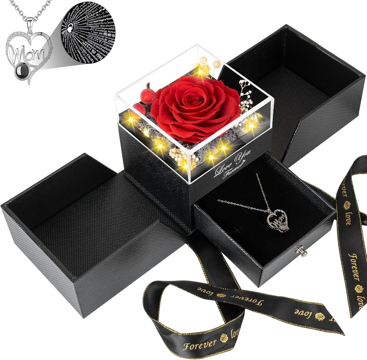 Preserved Red Real Roses with I Love You in 100 Languages Mom Necklace